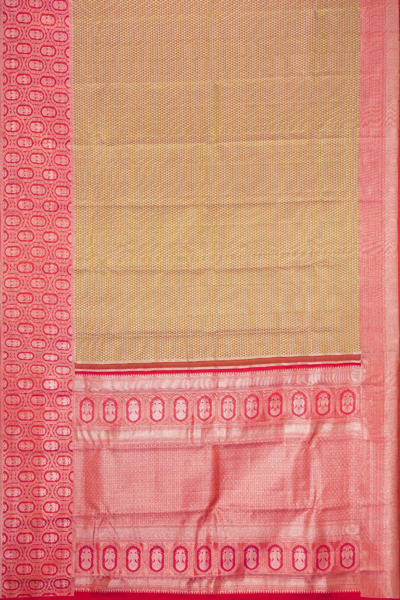 Flat view of Gold Dual Tone Kanjivaram Tissue Silk Saree with Zari Brocade on the body and Fancy Border. 