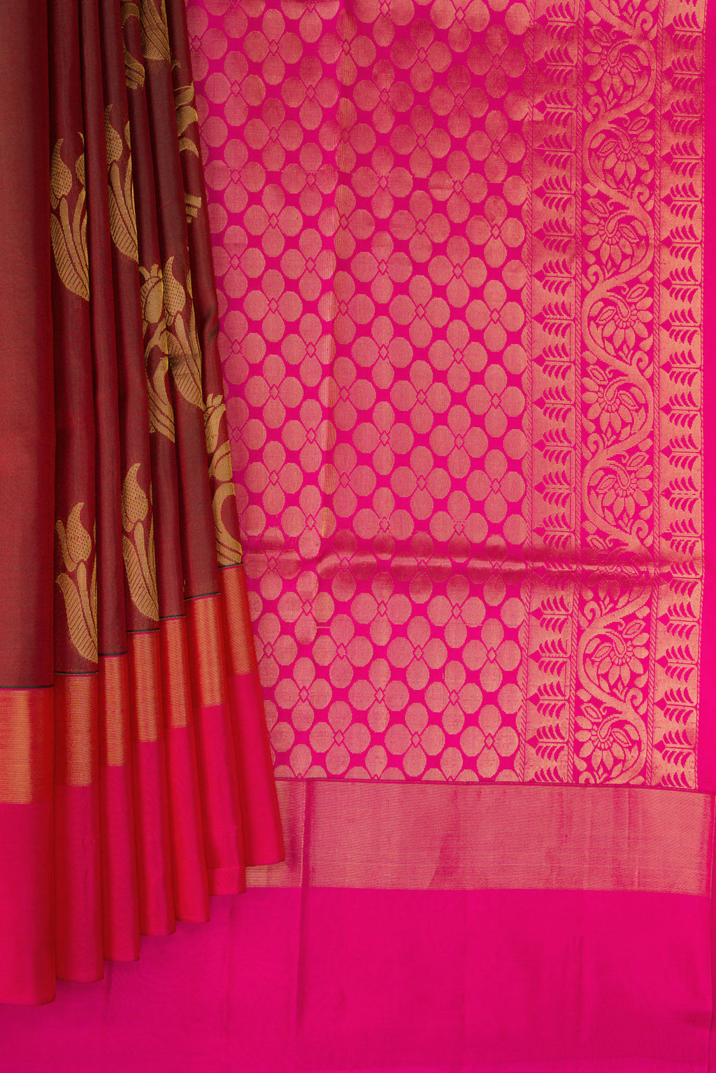 Pleats and pallu of Maroon Dual Tone Soft Silk Saree with Zari Butta on the body and Fancy Border. 