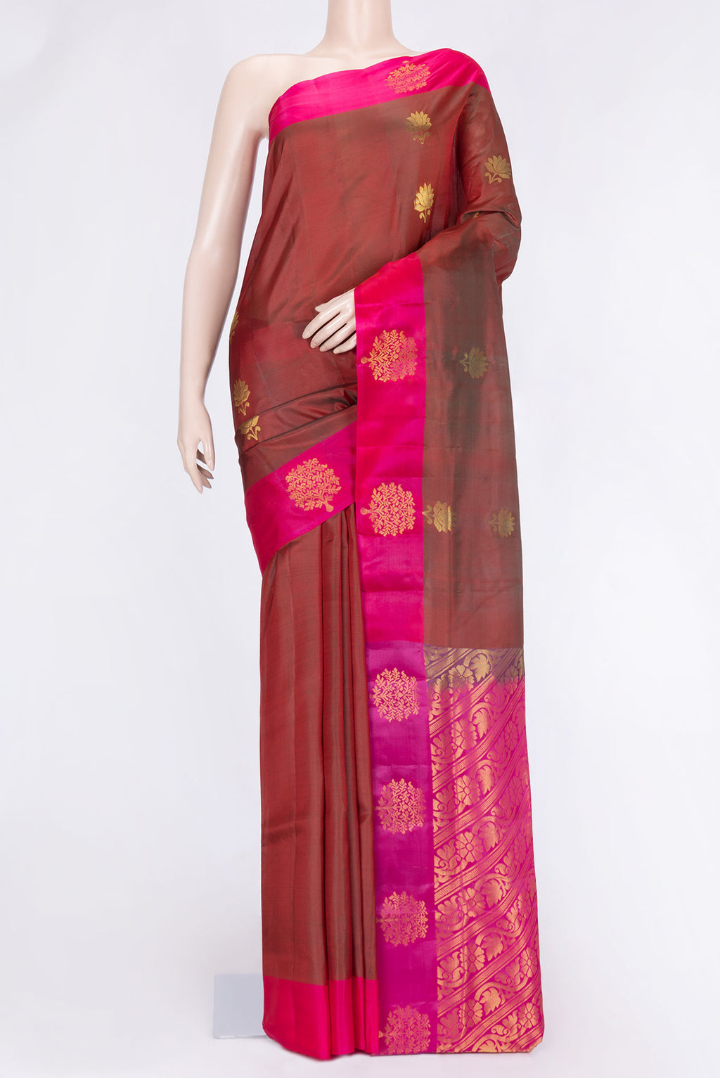 Maroon Dual Tone Soft Silk Saree with Zari Butta on the body and Zari Border.  displayed on a mannequin