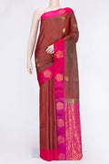 Maroon Dual Tone Soft Silk Saree with Zari Butta on the body and Zari Border.  displayed on a mannequin