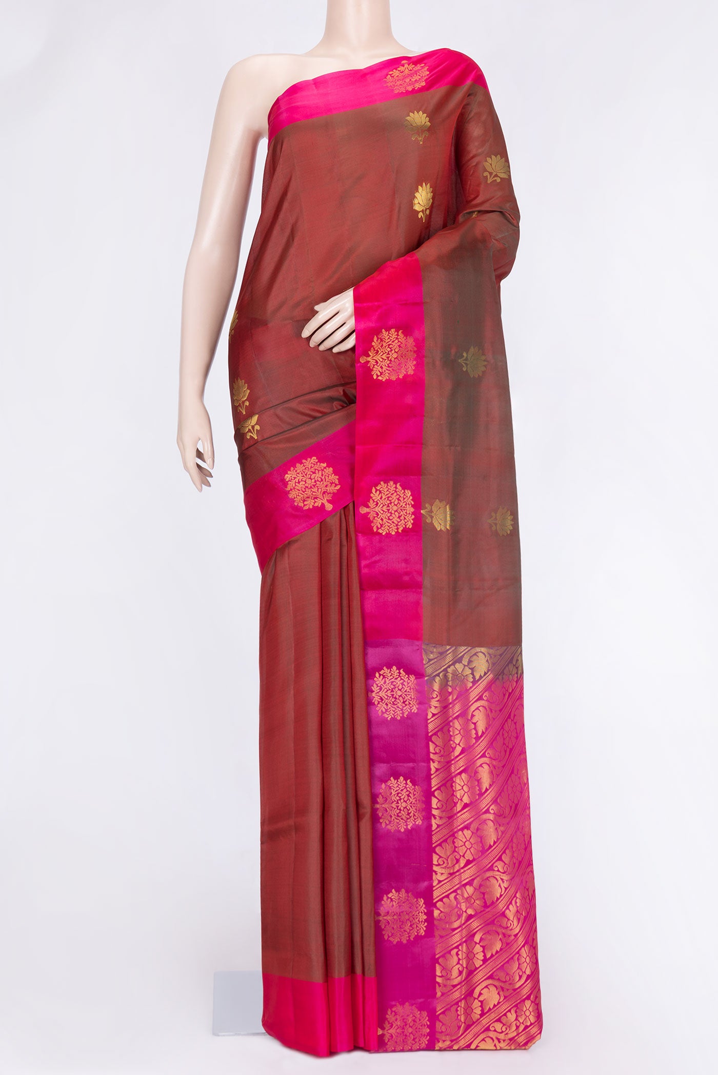 Maroon Dual Tone Soft Silk Saree with Zari Butta on the body and Zari Border.  displayed on a mannequin