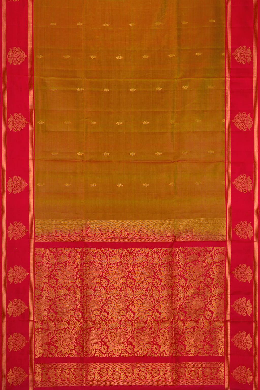 Flat view of Mustard Dual Tone Soft Silk Saree with Zari Butta on the body and Fancy Border. 