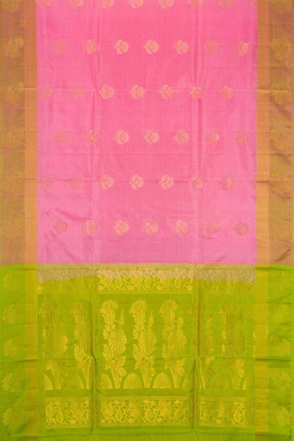 Flat view of Pink Dual Tone Soft Silk Saree with Zari Butta on the body and Fancy Border. 