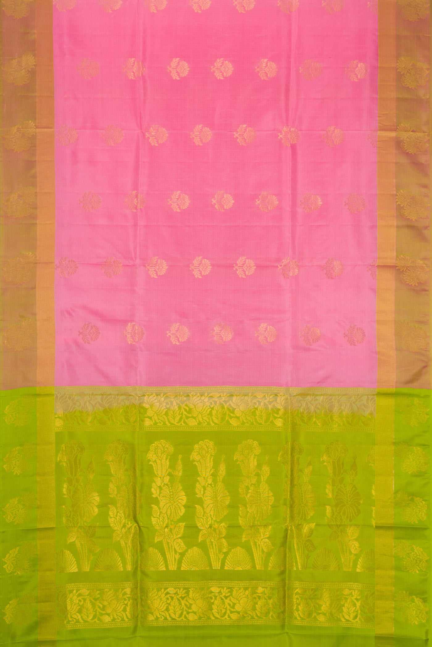 Flat view of Pink Dual Tone Soft Silk Saree with Zari Butta on the body and Fancy Border. 
