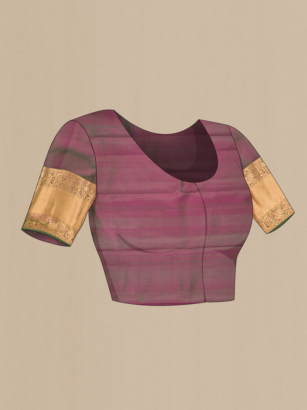 Close up image of the blouse of Dark Pink Kanchipuram Silk Saree with Zari Brocade on the body and Zari Border. 