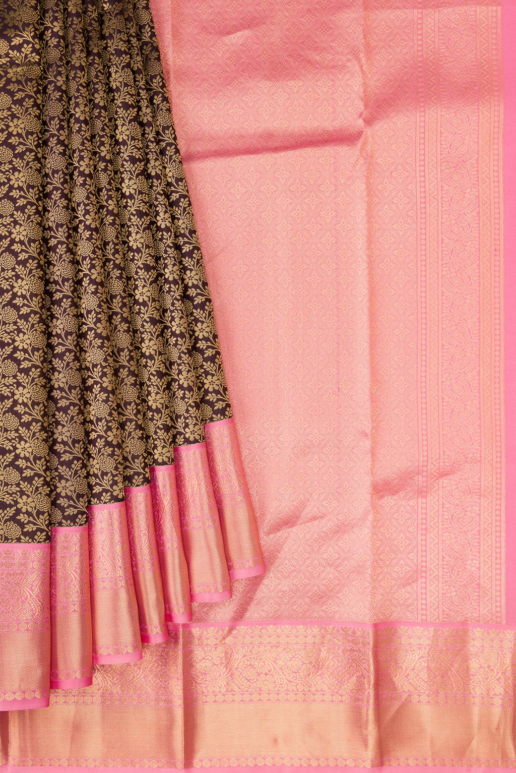 Pleats and pallu of Coffee Brown Kanjivaram Silk Saree with Zari Brocade on the body and Zari Border. 