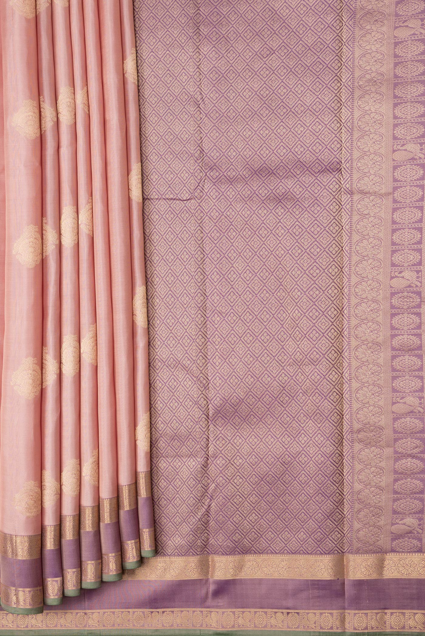 Pleats and pallu of Rose Gold Dual Tone Kanchipuram Silk Saree with Zari Butta on the body and Zari Border. 