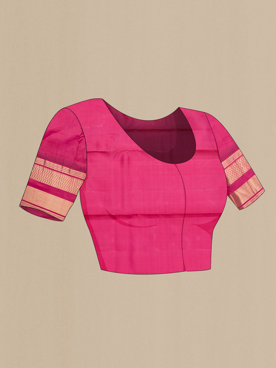 Close up image of the blouse of Orange Dual Tone Kanjivaram Silk Saree with Zari Butta on the body and Zari Border. 
