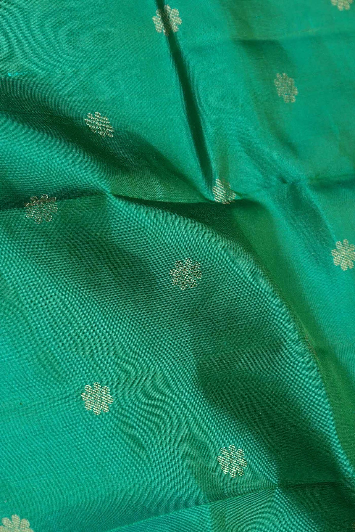 Close up of Green Dual Tone Kanjivaram Silk Saree with Zari Butta on the body and Zari Border.  displaying folds