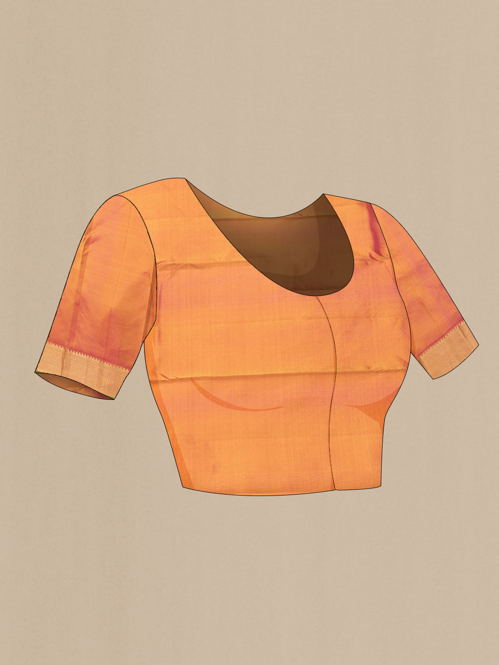 Close up image of the blouse of Orange Dual Tone Kanjivaram Silk Saree with Zari Butta on the body and Zari Border. 