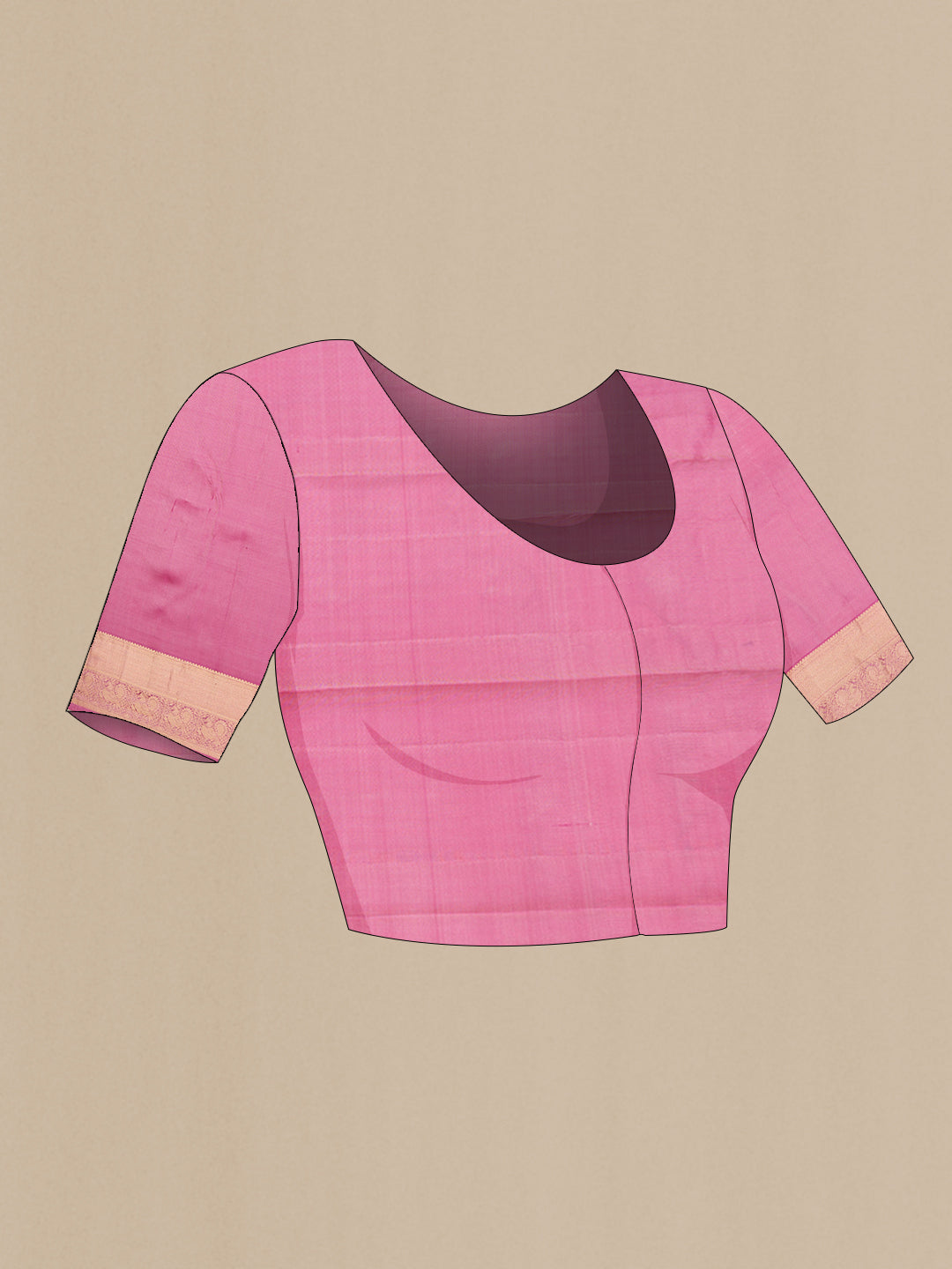 Close up image of the blouse of Peach Dual Tone Kanchipuram Silk Saree with Zari Butta on the body and Zari Border. 