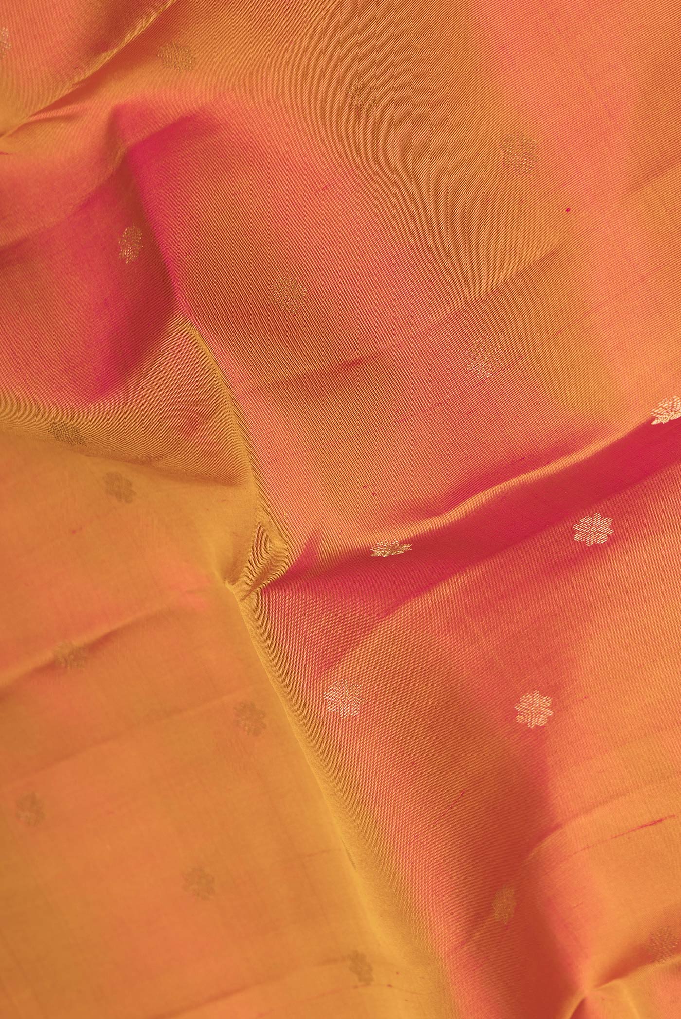Close up of Mustard Dual Tone Kanchipuram Silk Saree with Zari Butta on the body and Zari Border.  displaying folds