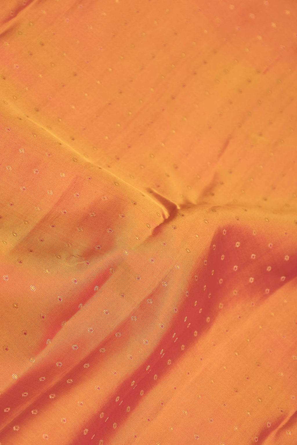 Close up of Mustard Dual Tone Kanchipuram Silk Saree with Zari Butta on the body and Zari Border.  displaying folds