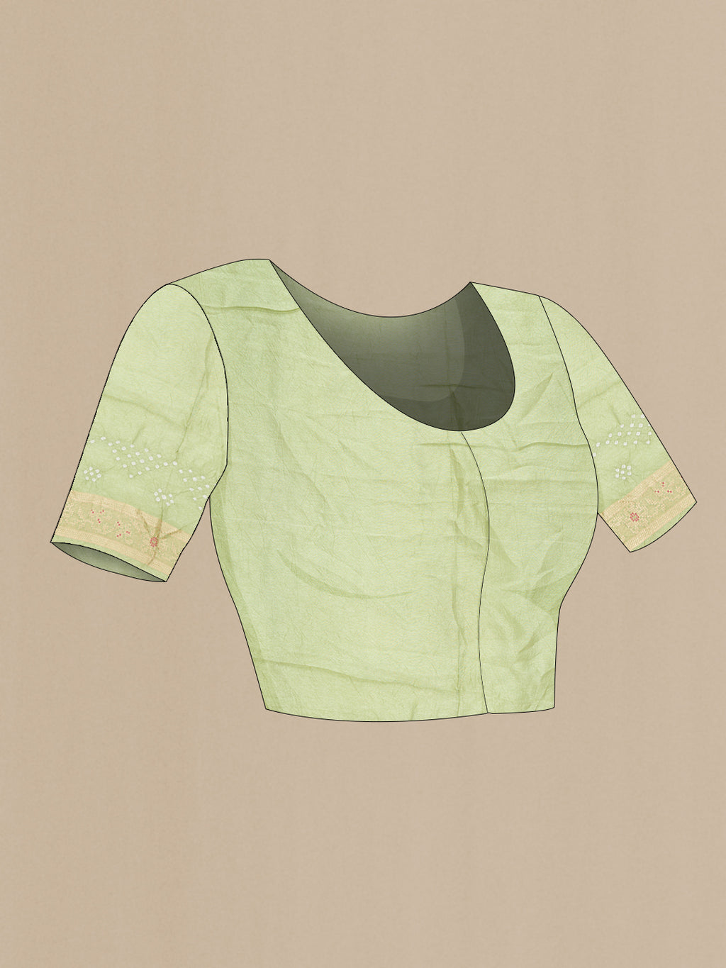 Close up image of the blouse of Pista Green Blended Bandhani Silk Saree with Zari Brocade on the body and Fancy Border. 
