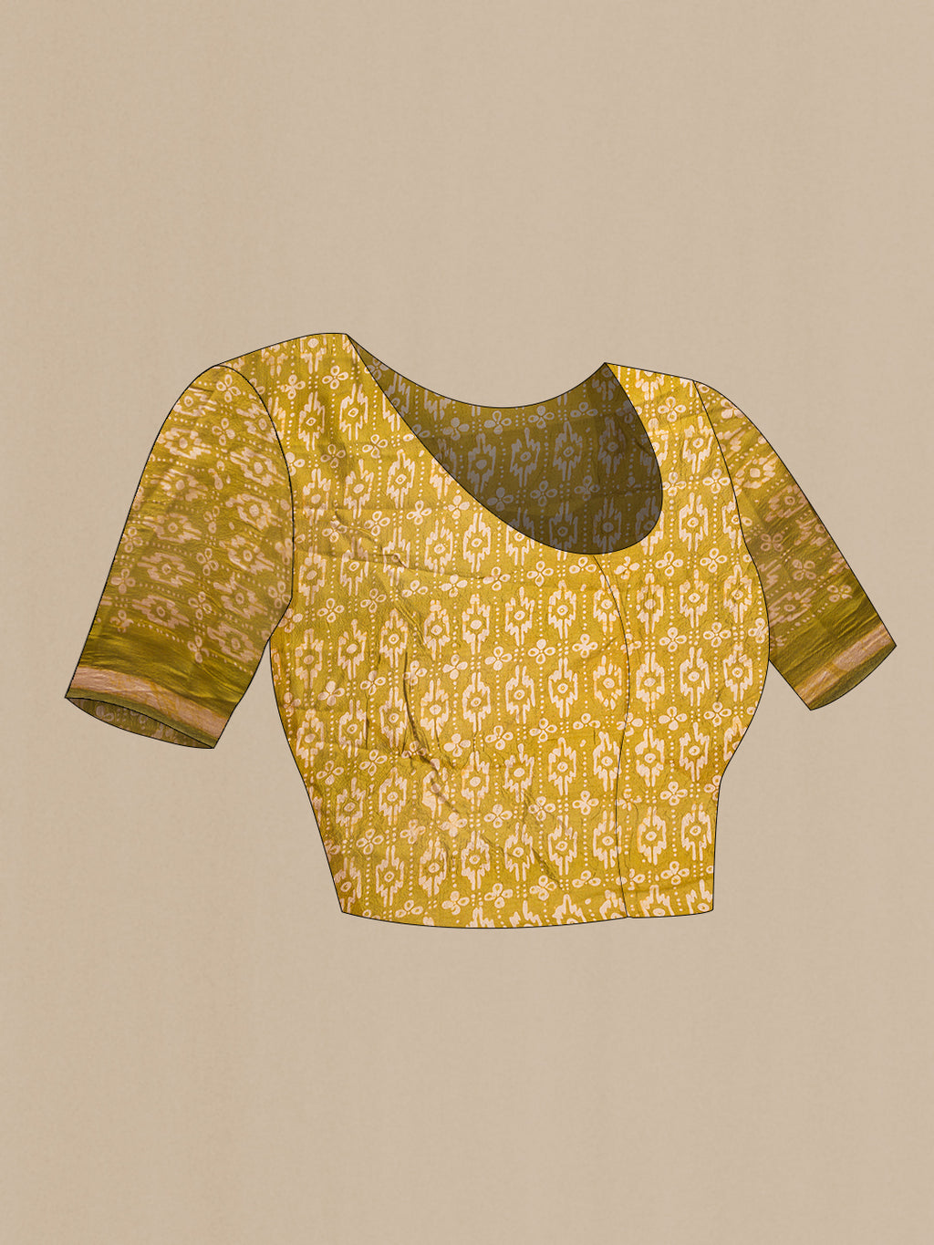 Close up image of the blouse of Mehandi Green Dual Tone Tussar Silk Saree with Printed design on the body and Printed Border. 