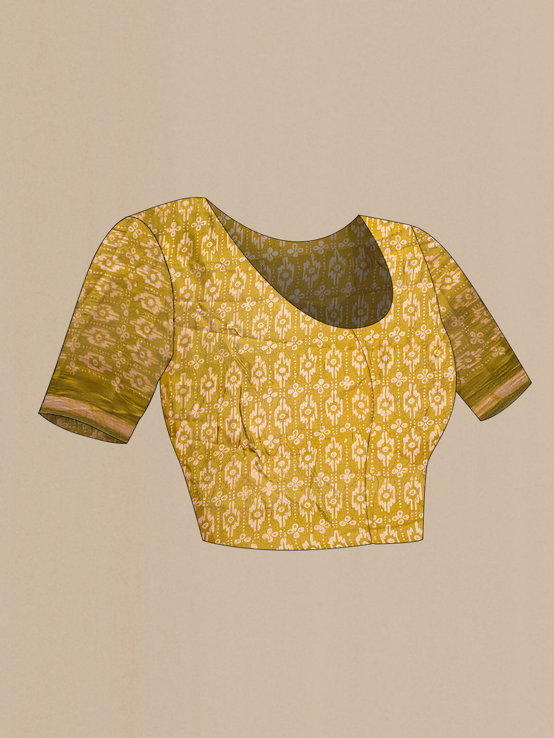 Close up image of the blouse of Mehandi Green Dual Tone Tussar Silk Saree with Printed design on the body and Printed Border. 