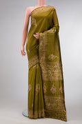 Mehandi Green Dual Tone Tussar Silk Saree with Printed design on the body and Printed Border.  displayed on a mannequin