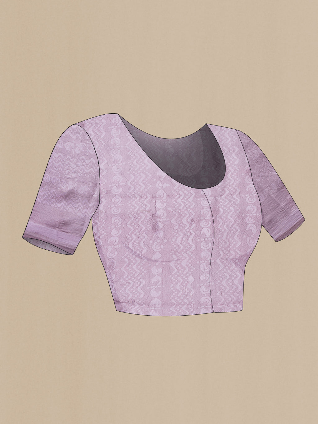 Close up image of the blouse of Lavender Tussar Silk Saree with Printed design on the body and Printed Border. 