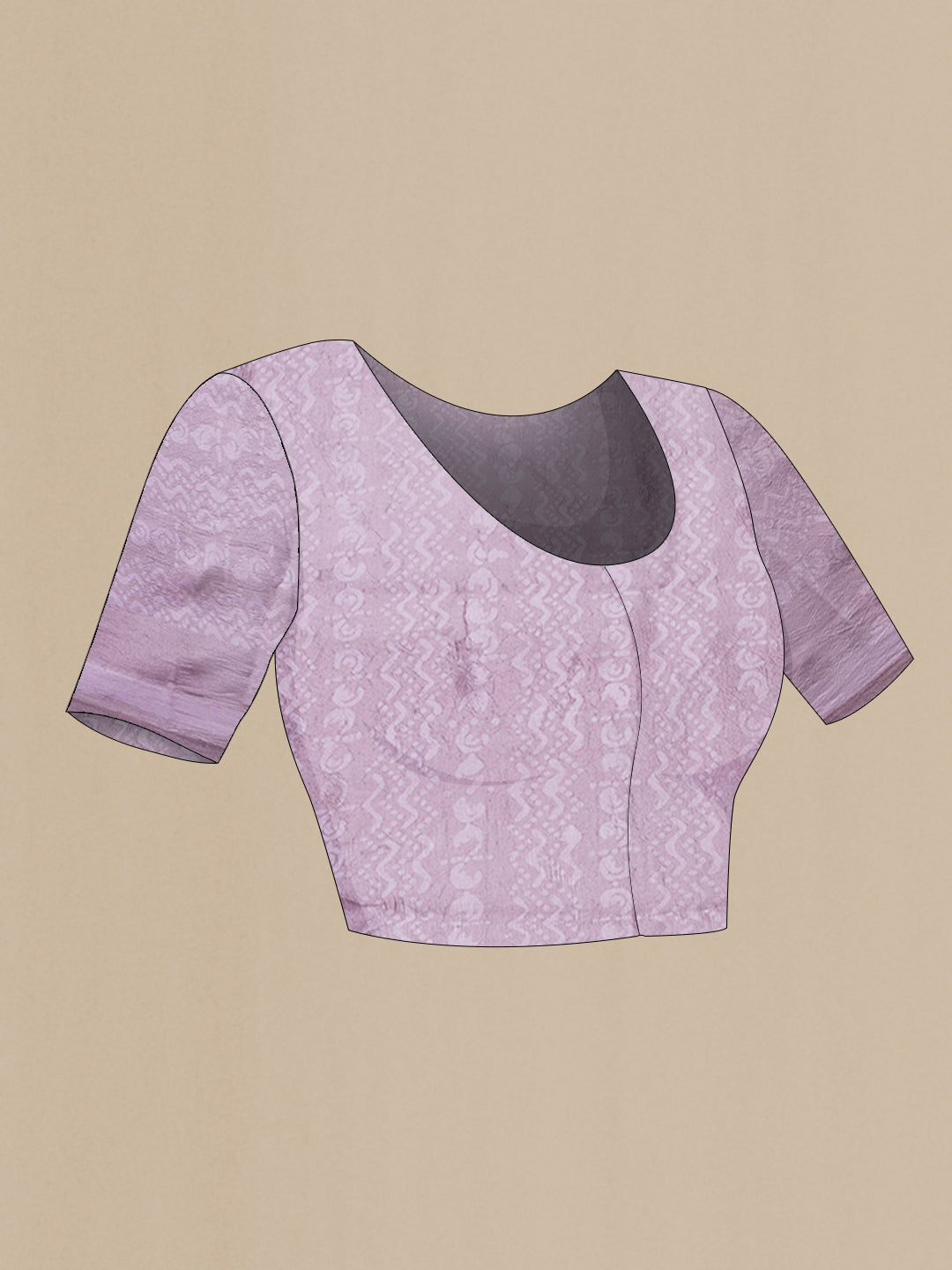 Close up image of the blouse of Lavender Tussar Silk Saree with Printed design on the body and Printed Border. 