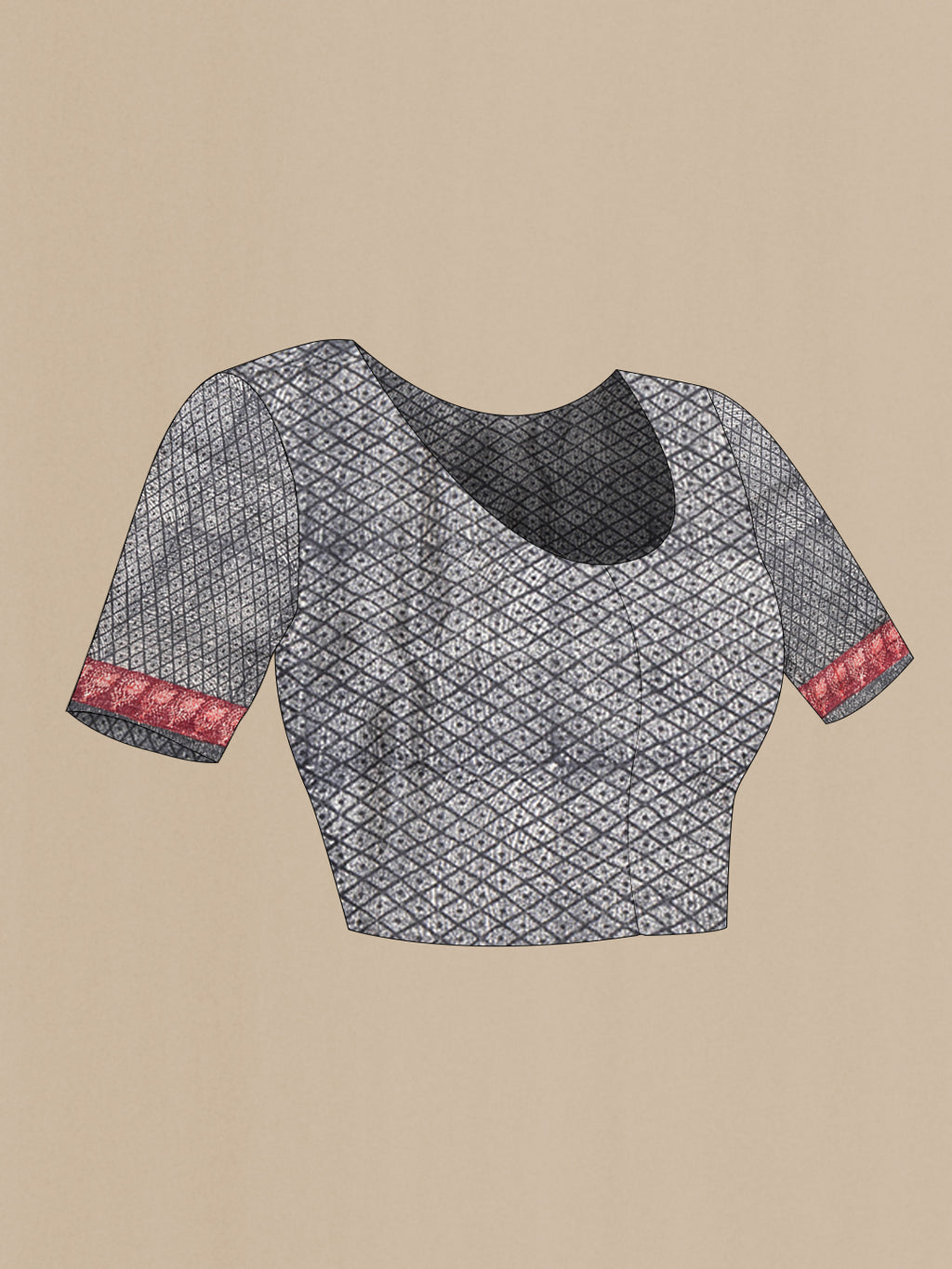 Close up image of the blouse of Black Tussar Silk Saree with Printed design on the body and Printed Border. 