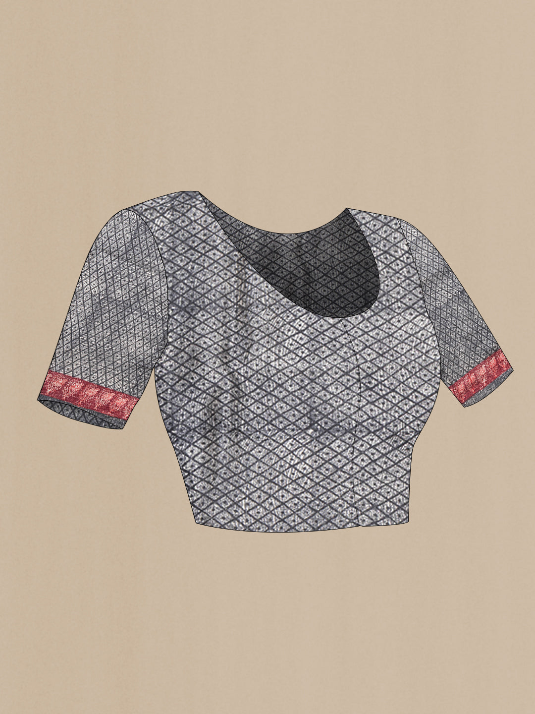 Close up image of the blouse of Black Tussar Silk Saree with Printed design on the body and Printed Border. 