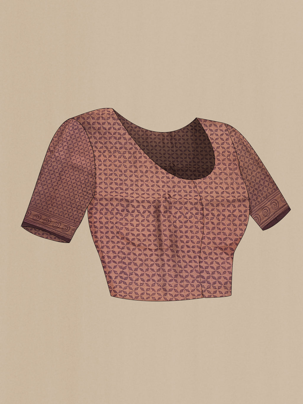 Close up image of the blouse of Brick Orange Tussar Silk Saree with Printed design on the body and Printed Border. 