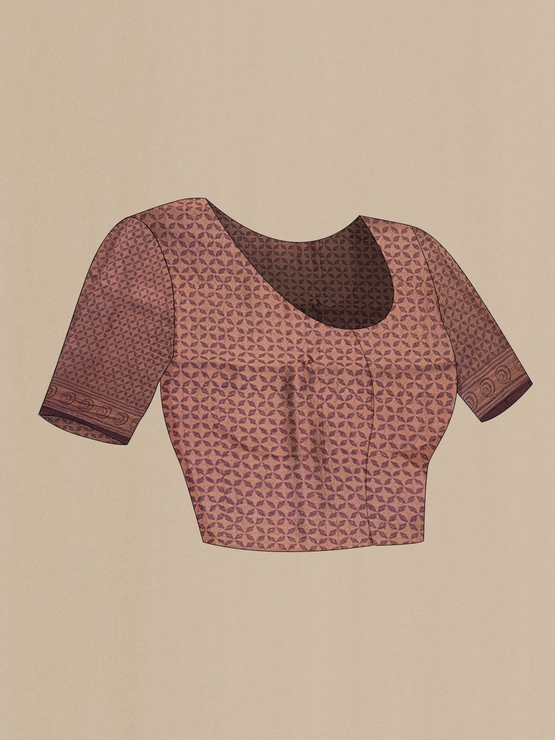 Close up image of the blouse of Brick Orange Tussar Silk Saree with Printed design on the body and Printed Border. 