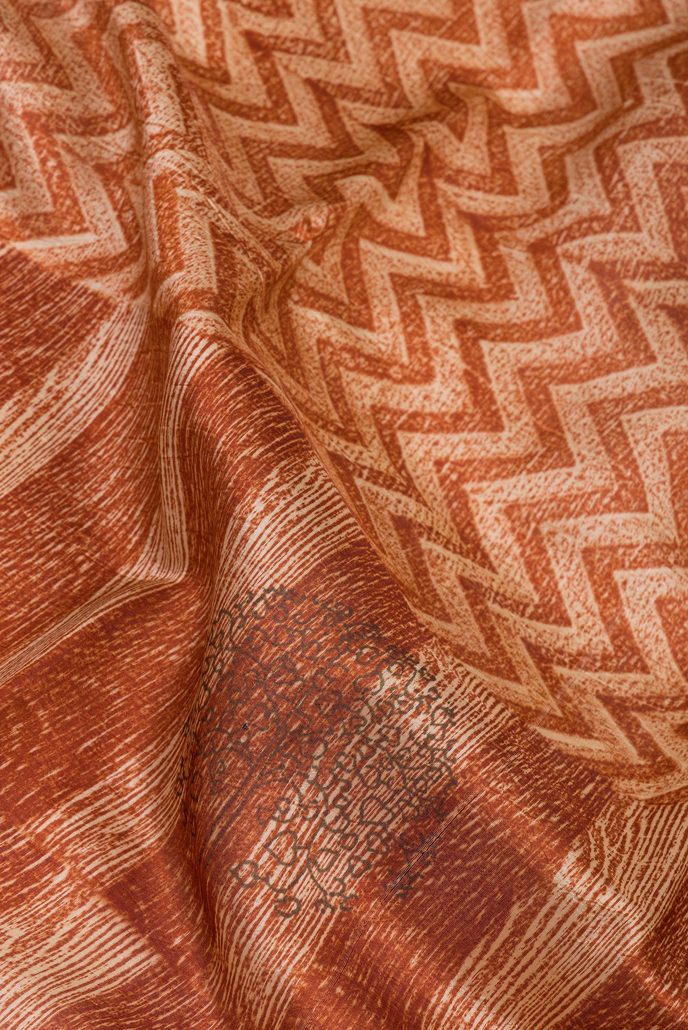Close up of Brick Orange Tussar Silk Saree with Printed design on the body and Printed Border.  displaying folds