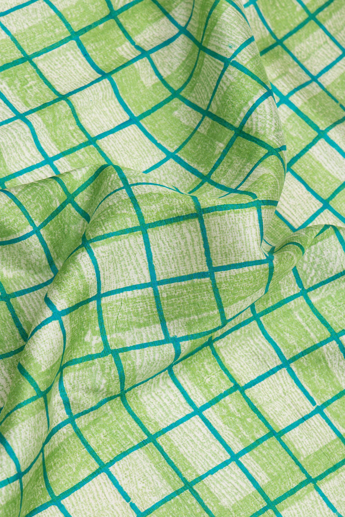 Close up of Green Dual Tone Tussar Silk Saree with Printed design on the body and Printed Border.  displaying folds