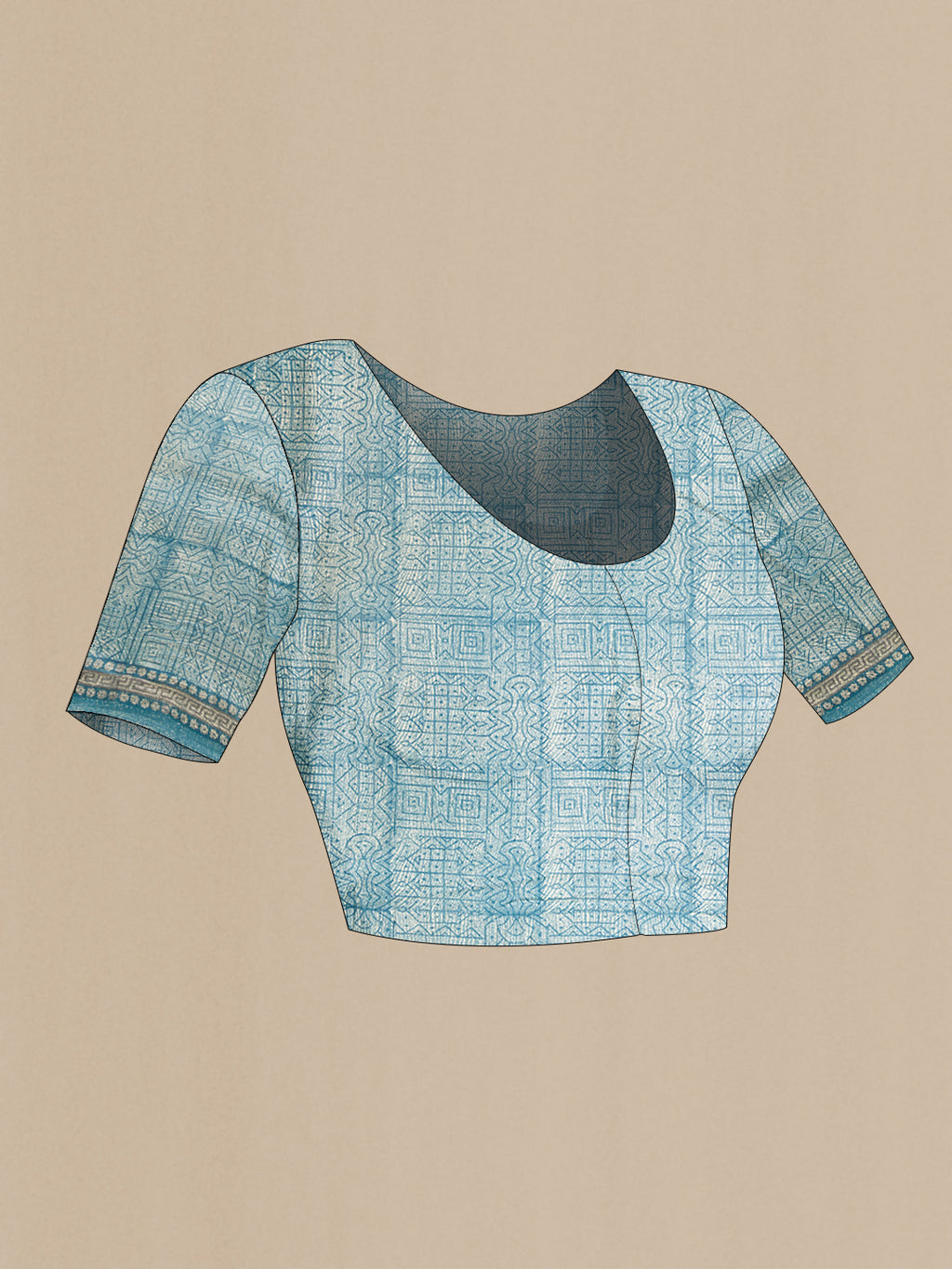 Close up image of the blouse of Grey Dual Tone Tussar Silk Saree with Checked design on the body and Fancy Border. 