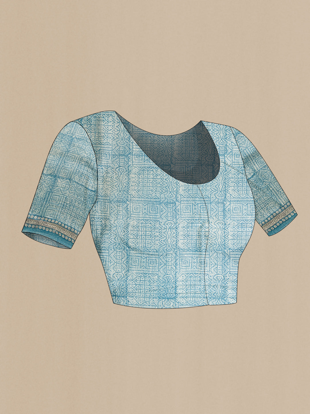 Close up image of the blouse of Grey Dual Tone Tussar Silk Saree with Checked design on the body and Fancy Border. 