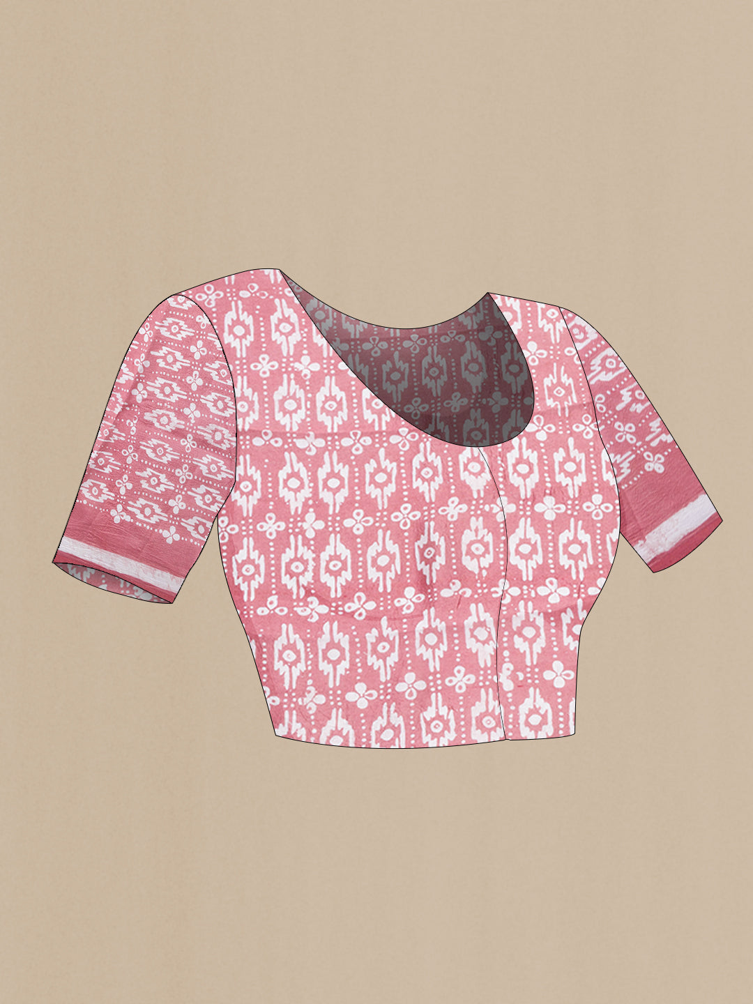 Close up image of the blouse of Pink Tussar Silk Saree with Printed design on the body and Printed Border. 