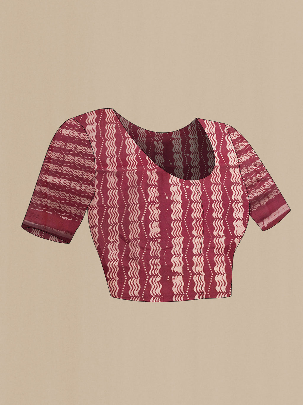Close up image of the blouse of Maroon Dual Tone Tussar Silk Saree with Batik Print on the body and Printed Border. 