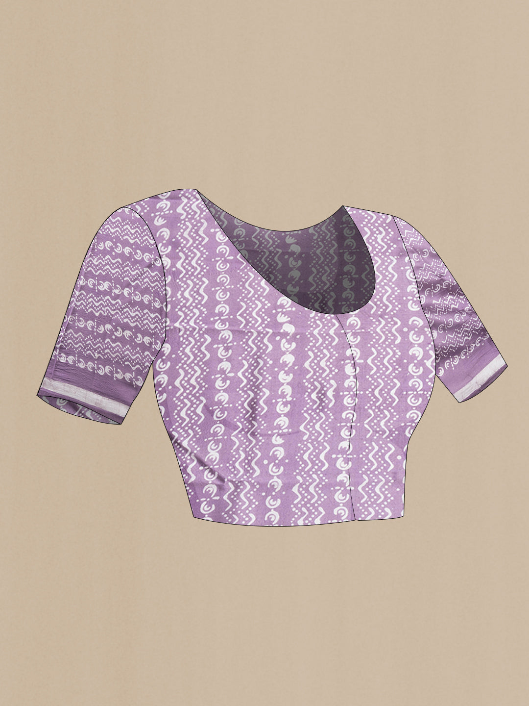 Close up image of the blouse of Lavender Dual Tone Tussar Silk Saree with Batik Print on the body and Printed Border. 