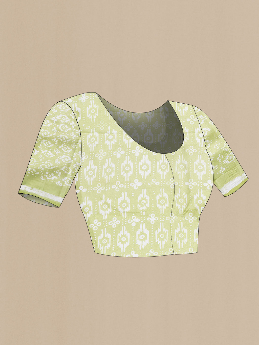 Close up image of the blouse of Pista Green Tussar Silk Saree with Printed design on the body and Printed Border. 