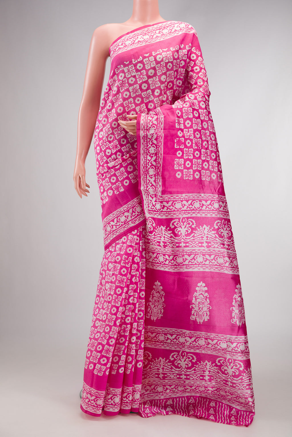 Pink Dual Tone Tussar Silk Saree with Printed design on the body and Printed Border.  displayed on a mannequin