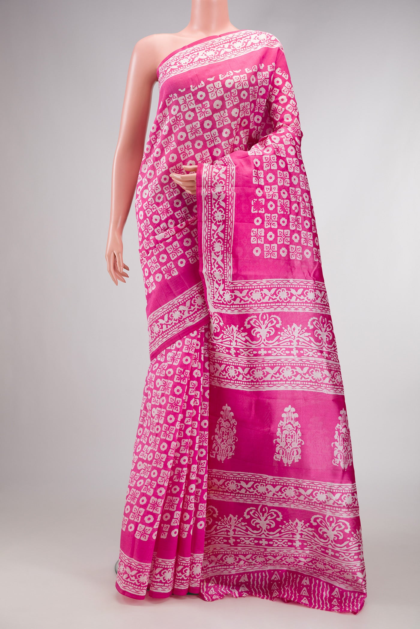 Pink Dual Tone Tussar Silk Saree with Printed design on the body and Printed Border.  displayed on a mannequin