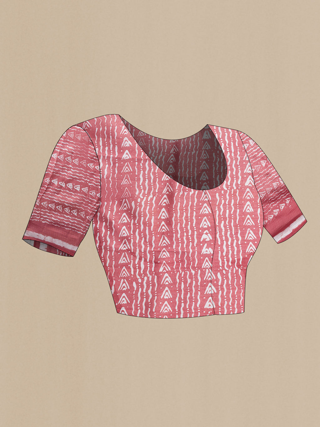 Close up image of the blouse of Peach Dual Tone Tussar Silk Saree with Batik Print on the body and Printed Border. 
