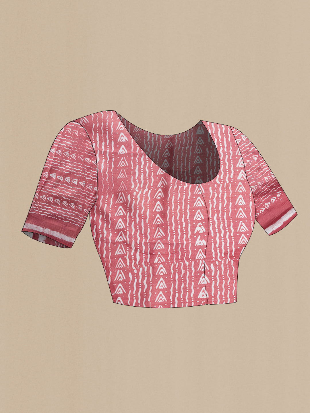 Close up image of the blouse of Peach Dual Tone Tussar Silk Saree with Batik Print on the body and Printed Border. 