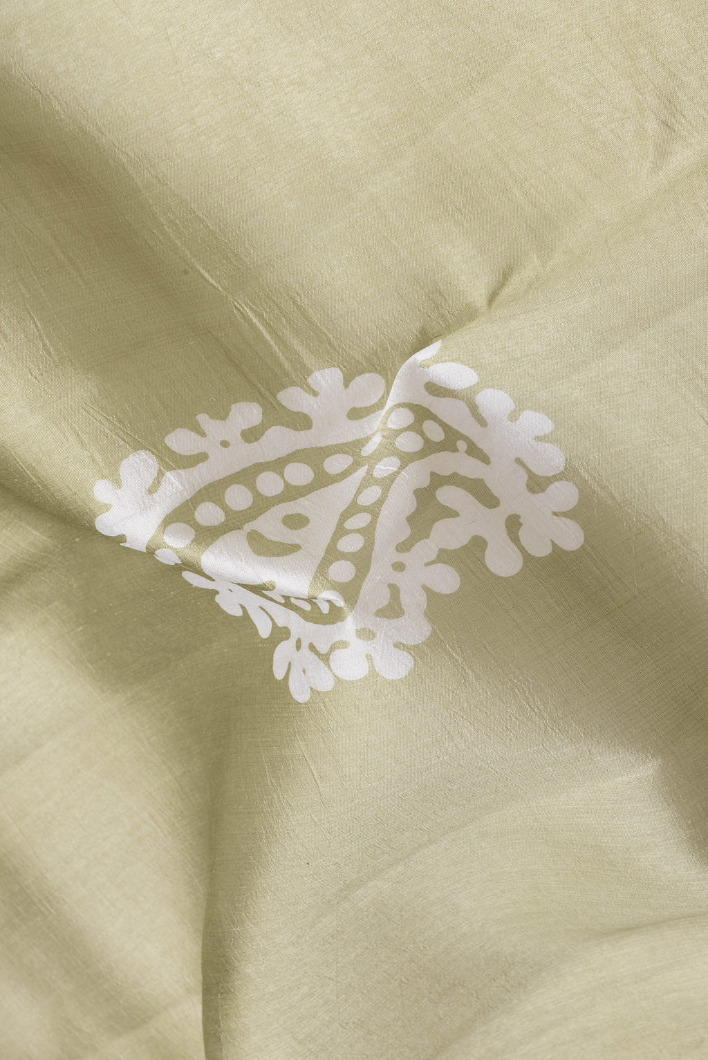 Close up of Pista Green Dual Tone Tussar Silk Saree with Batik Print on the body and Printed Border.  displaying folds