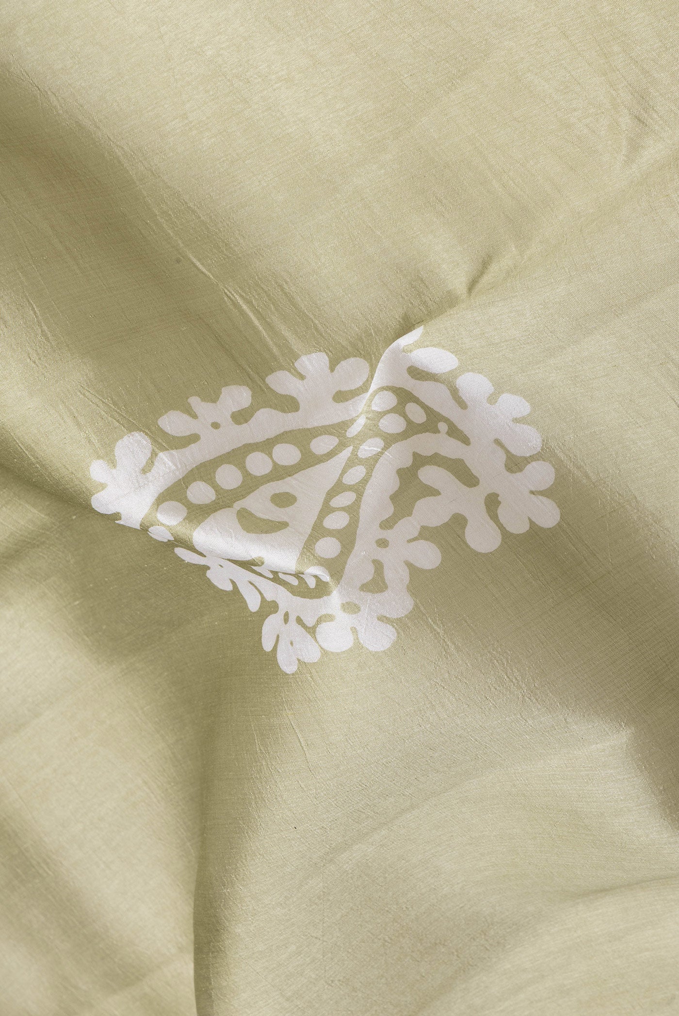 Close up of Pista Green Dual Tone Tussar Silk Saree with Batik Print on the body and Printed Border.  displaying folds