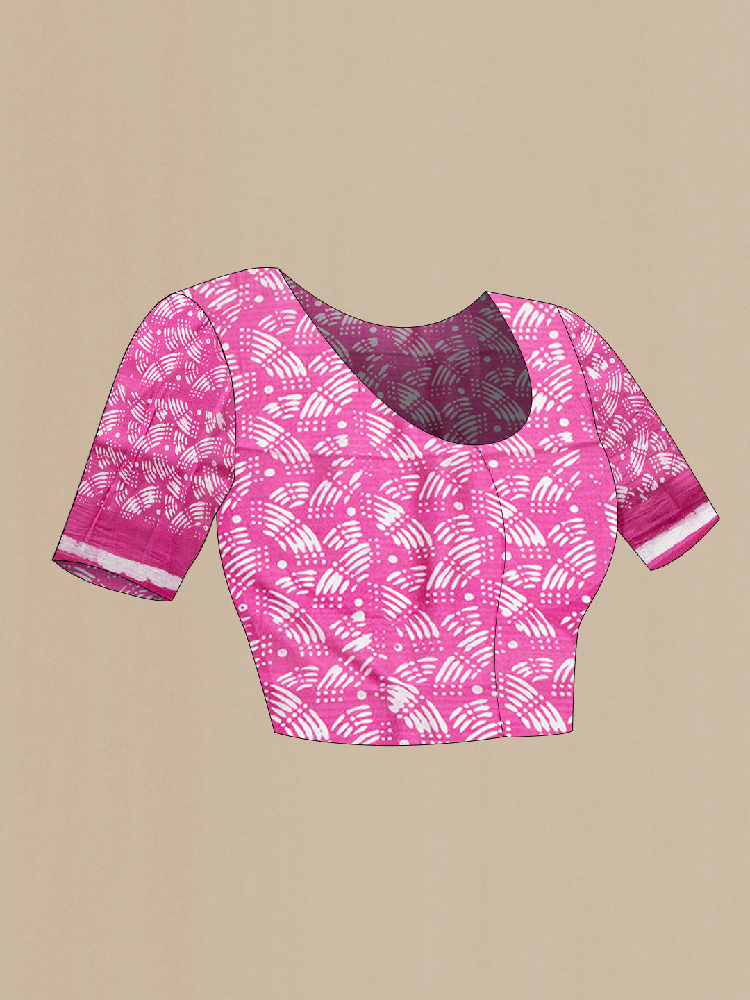 Close up image of the blouse of Rose pink Dual Tone Tussar Silk Saree with Batik Print on the body and Printed Border. 