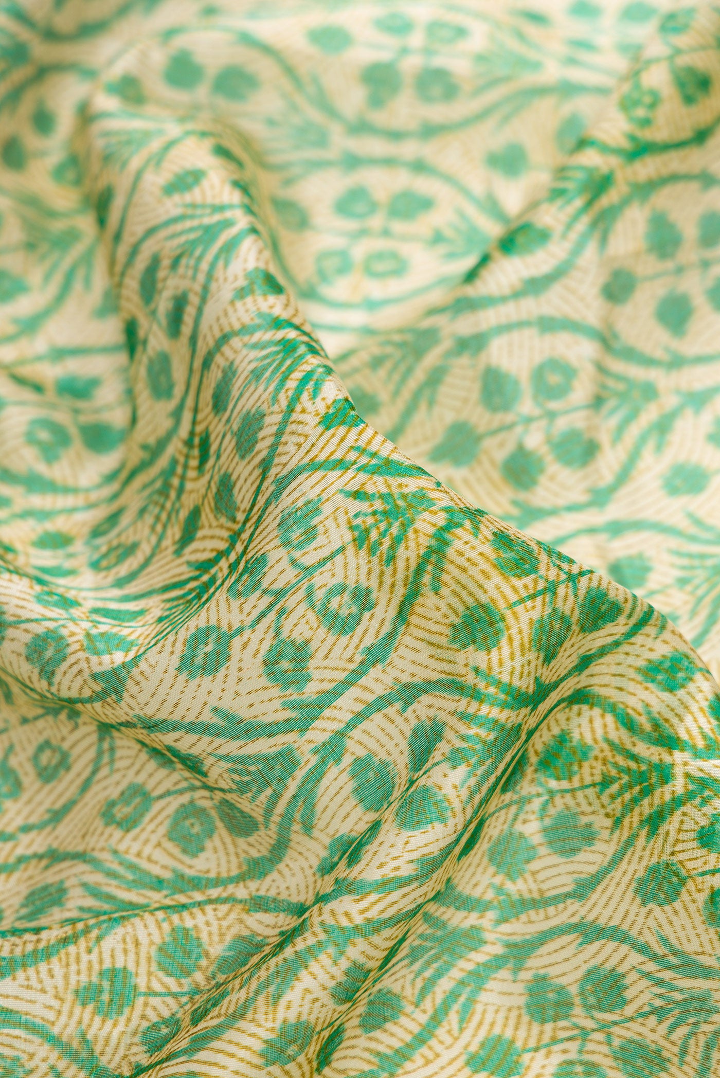 Close up of Beige Dual Tone Tussar Silk Saree with Printed design on the body and Printed Border.  displaying folds
