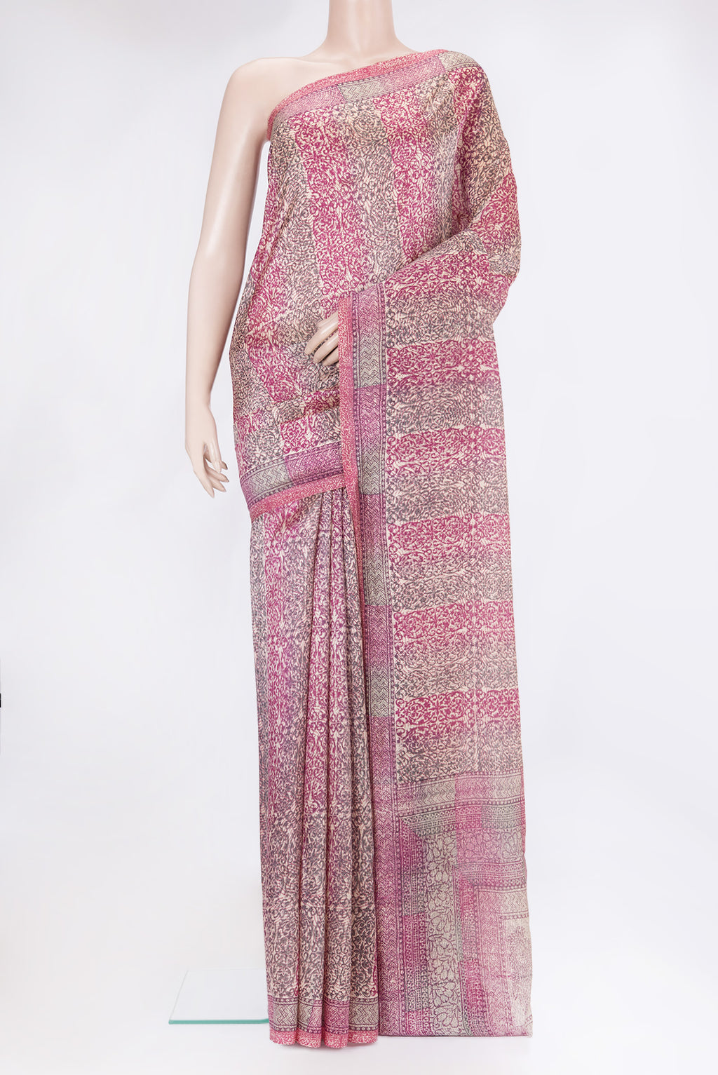 Multi Color Tussar Silk Saree with Printed design on the body and Printed Border.  displayed on a mannequin