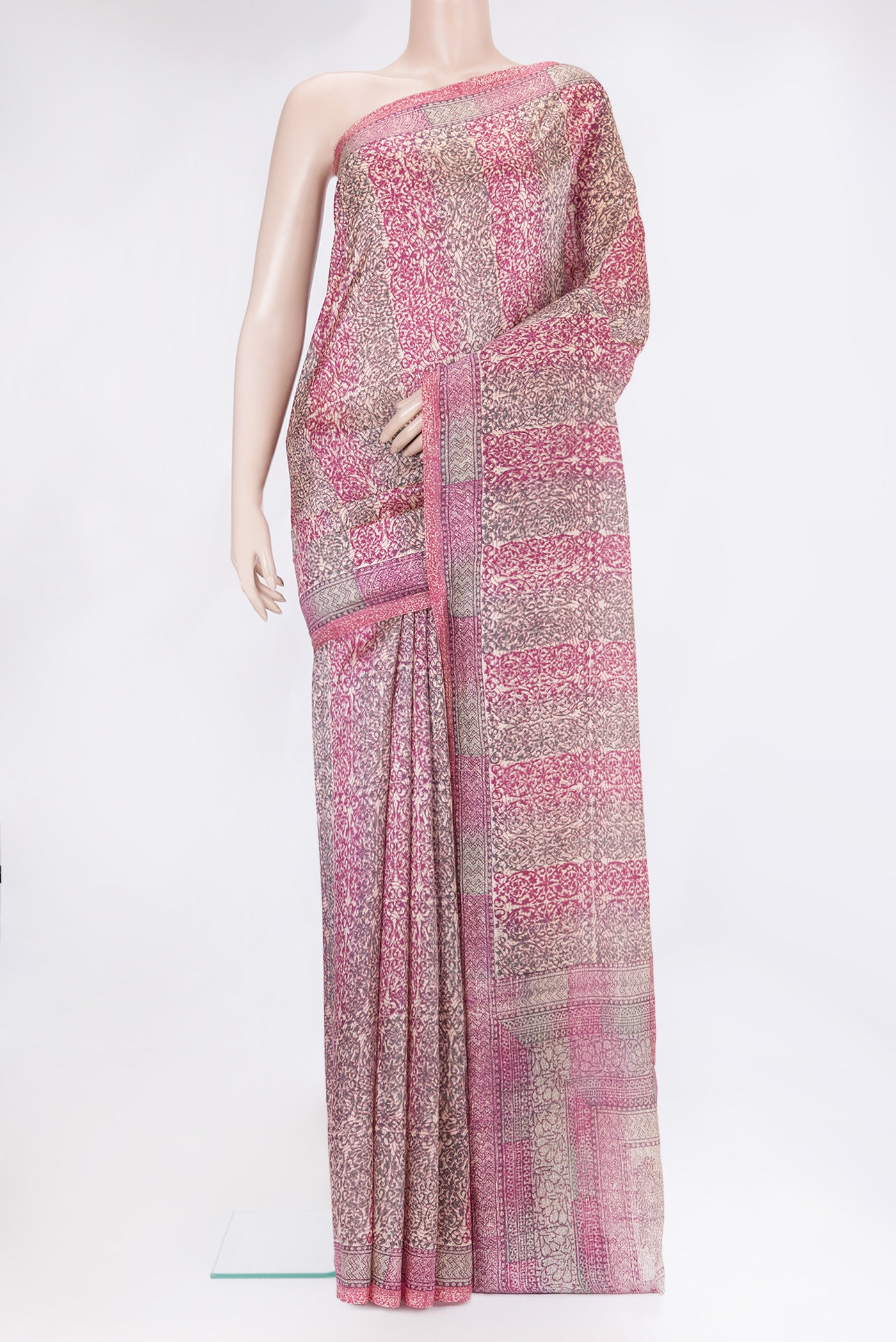 Multi Color Tussar Silk Saree with Printed design on the body and Printed Border.  displayed on a mannequin