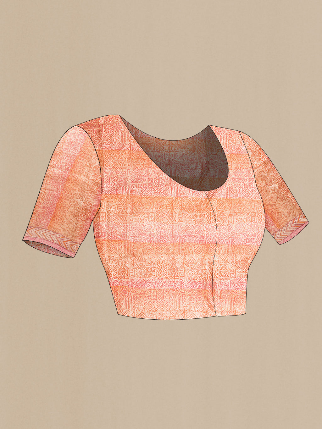 Close up image of the blouse of Coral Dual Tone Tussar Silk Saree with Printed design on the body and Printed Border. 