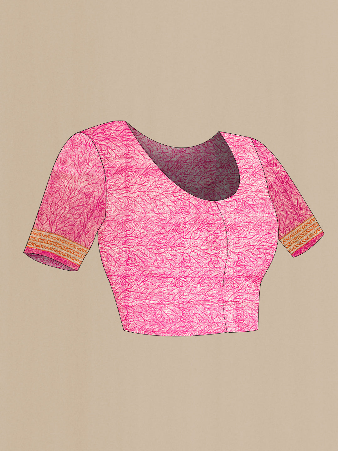 Close up image of the blouse of Pink Dual Tone Tussar Silk Saree with Printed design on the body and Printed Border. 