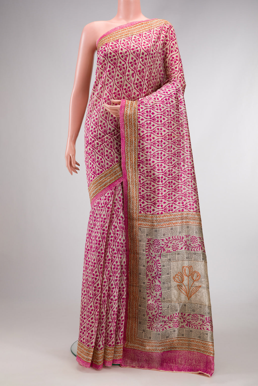 Pink Dual Tone Tussar Silk Saree with Printed design on the body and Printed Border.  displayed on a mannequin