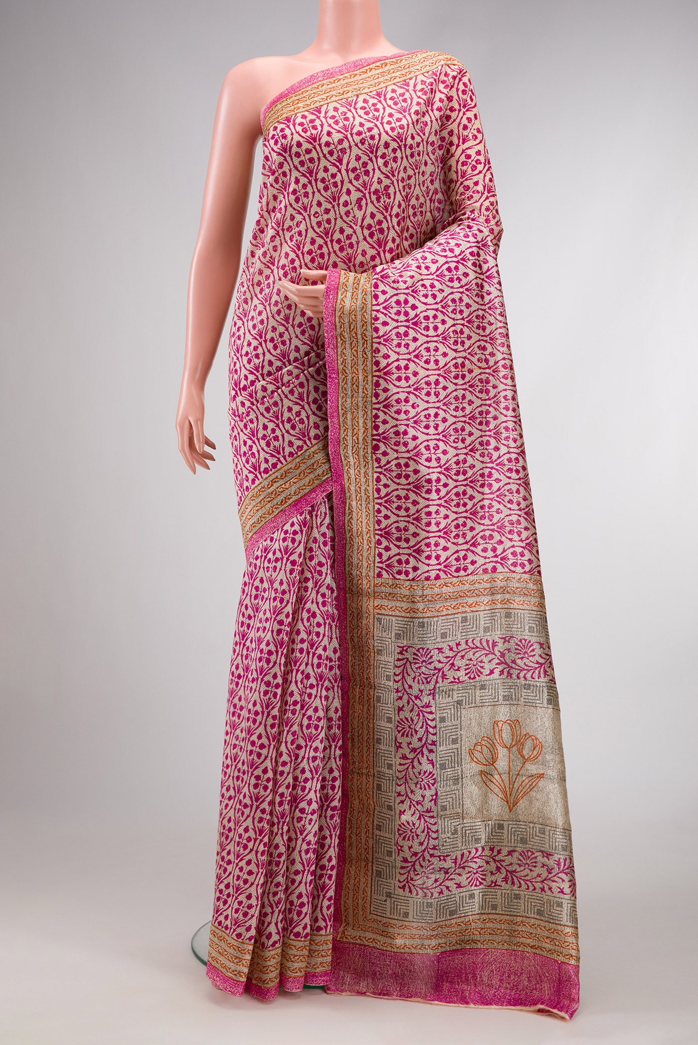 Pink Dual Tone Tussar Silk Saree with Printed design on the body and Printed Border.  displayed on a mannequin
