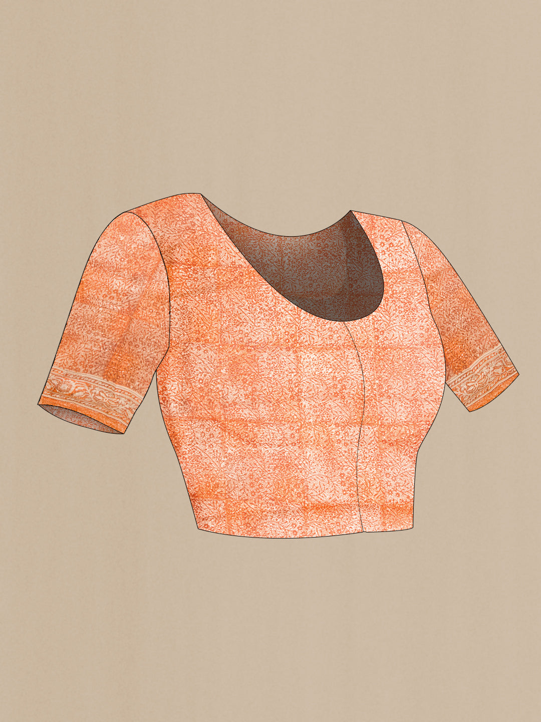 Close up image of the blouse of Orange Dual Tone Tussar Silk Saree with Printed design on the body and Printed Border. 